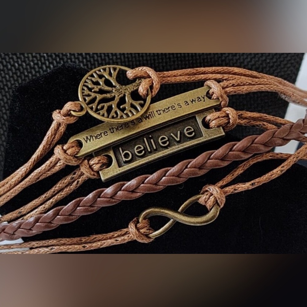 Tree of Life Multi Strand Leather Corded Bracelet Believe Antique Bronzed Charms